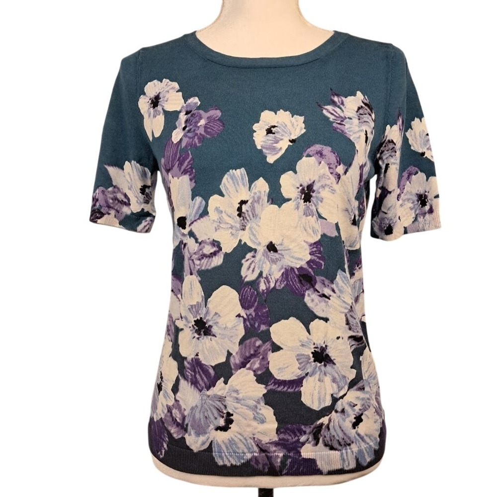 Talbots SP Teal White Floral Short Sleeve Very Soft Cotton‎ Knit Light Sweater
